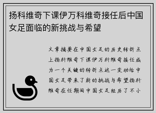 扬科维奇下课伊万科维奇接任后中国女足面临的新挑战与希望